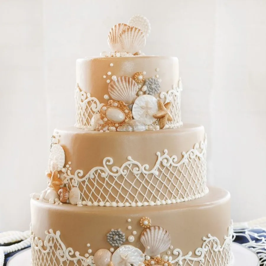 Blush wedding cake with sugar seashells and lace piping